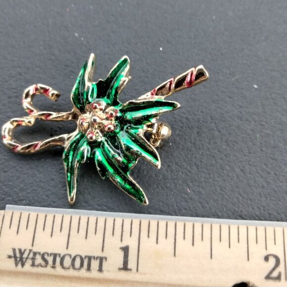 Christmas Candy Cane Pin Brooch Holly Berry Vintage Holiday Jewelry Gold Enamel - Picture 2 of 5